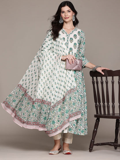 Frock Style Cotton Fabric Sea Green Color Kurta And Bottom With Dupatta