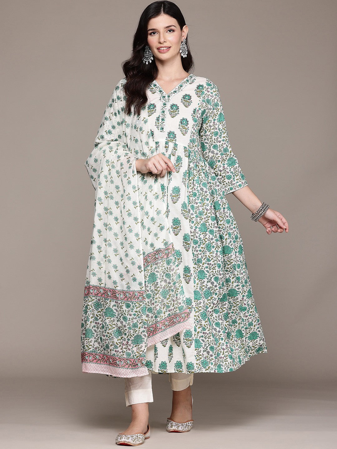 Frock Style Cotton Fabric Sea Green Color Kurta And Bottom With Dupatta
