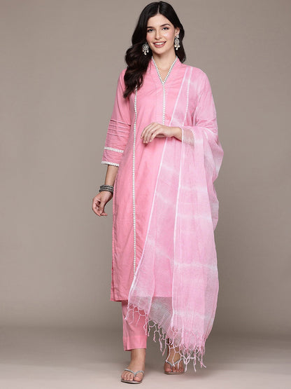 Straight Style Cotton Fabric Pink Color Kurta And Bottom With Dupatta