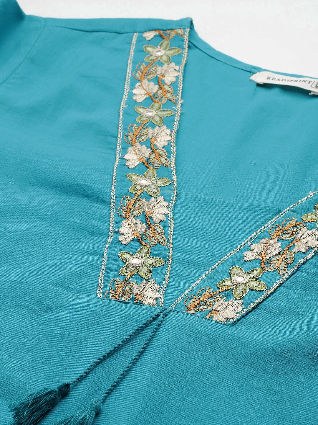 Straight Style Cotton Fabric Turquoise Blue Color Kurta And Bottom With Dupatta