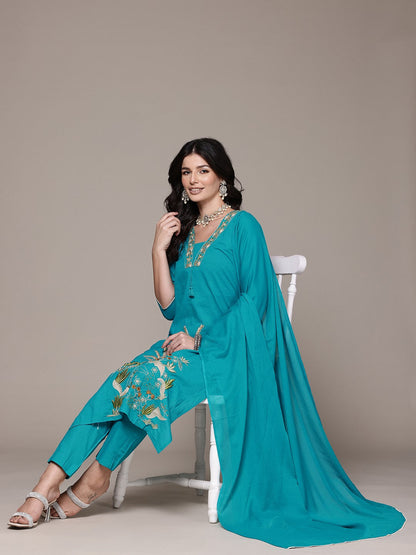 Straight Style Cotton Fabric Turquoise Blue Color Kurta And Bottom With Dupatta