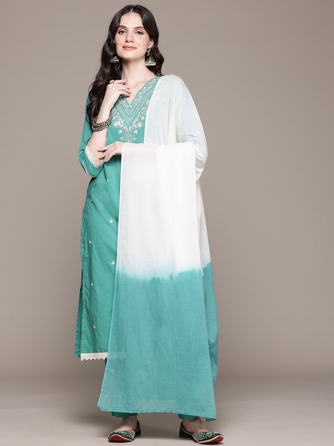Straight Style Cotton Fabric Sea Green Color Kurta And Bottom With Dupatta