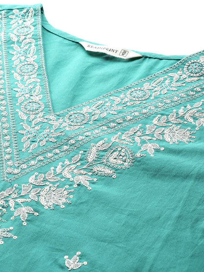 Straight Style Cotton Fabric Sea Green Color Kurta And Bottom With Dupatta