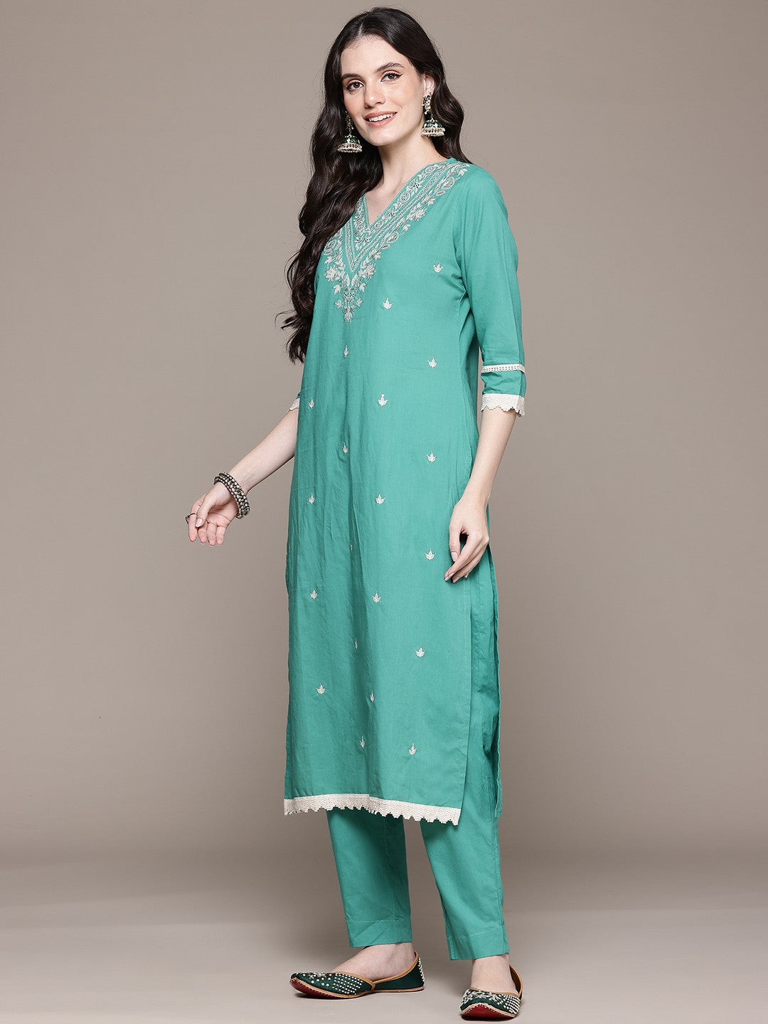 Straight Style Cotton Fabric Sea Green Color Kurta And Bottom With Dupatta