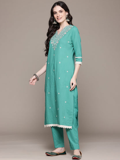 Straight Style Cotton Fabric Sea Green Color Kurta And Bottom With Dupatta