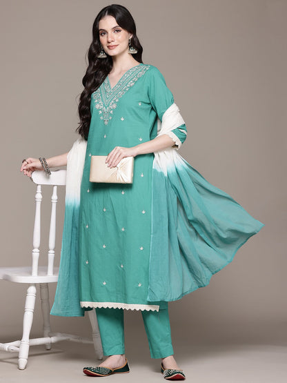 Straight Style Cotton Fabric Sea Green Color Kurta And Bottom With Dupatta