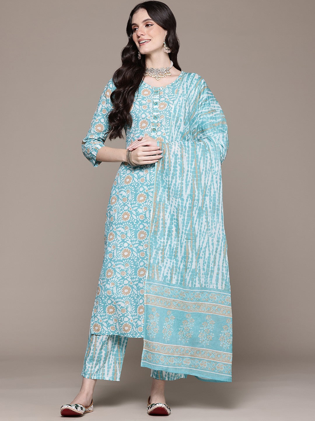 Straight Style Cotton Fabric Turquoise Blue Color Kurta And Bottom With Dupatta