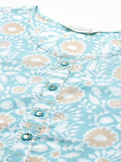 Straight Style Cotton Fabric Turquoise Blue Color Kurta And Bottom With Dupatta