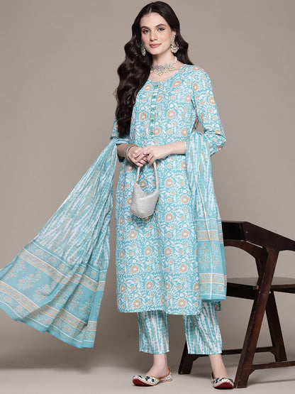 Straight Style Cotton Fabric Turquoise Blue Color Kurta And Bottom With Dupatta