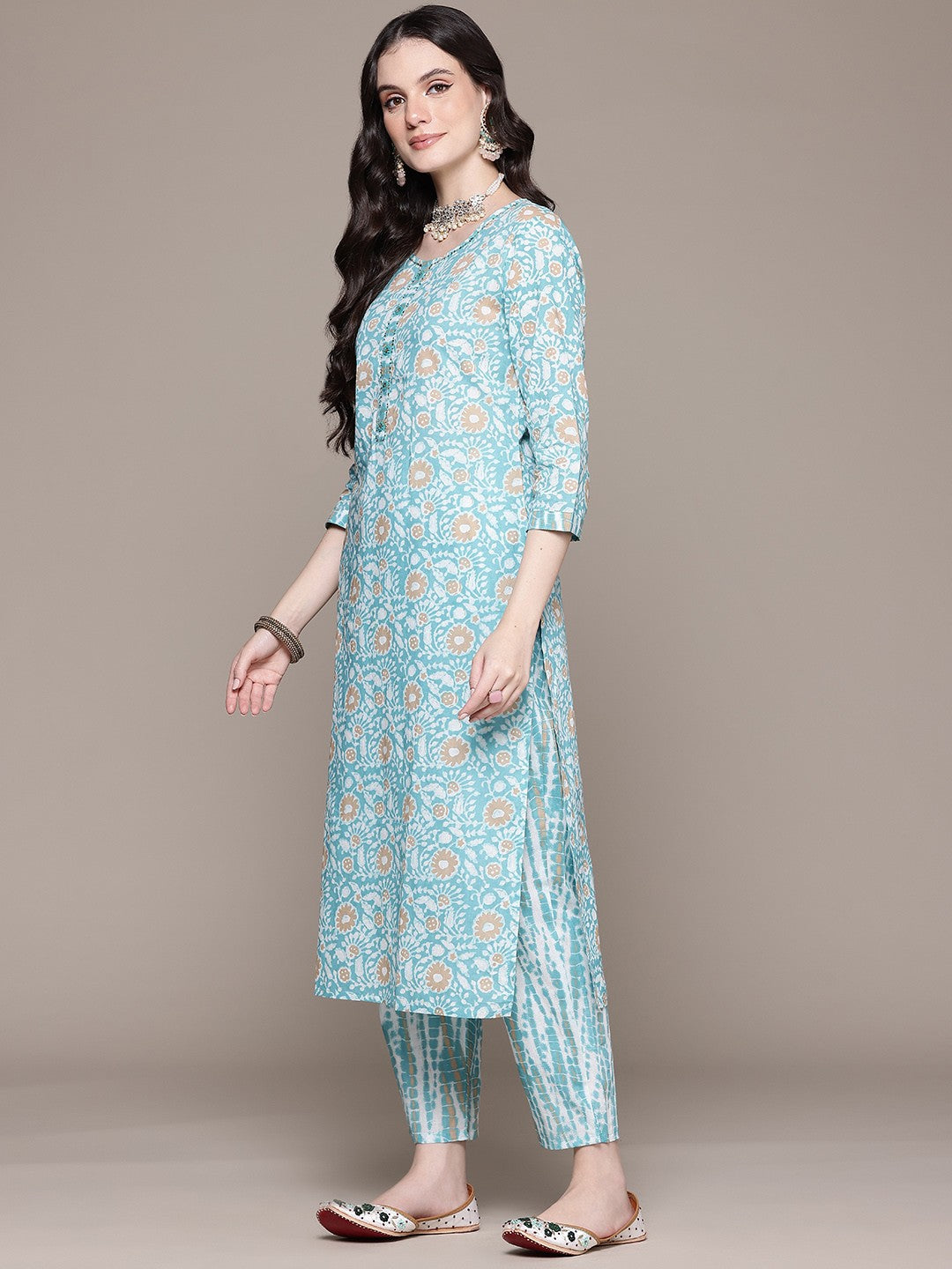 Straight Style Cotton Fabric Turquoise Blue Color Kurta And Bottom With Dupatta