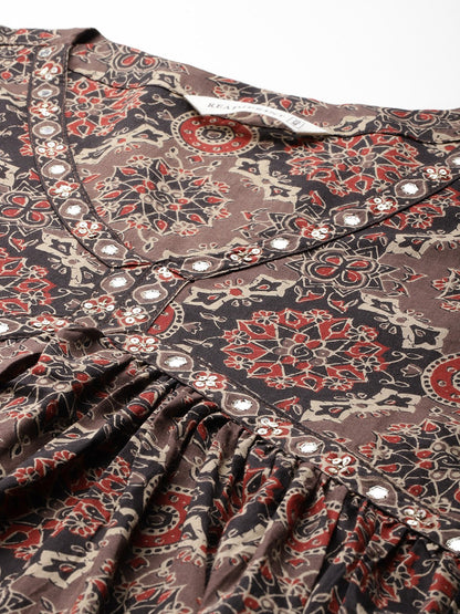 Flared Style Cotton Fabric Brown Color Kurta And Bottom With Dupatta