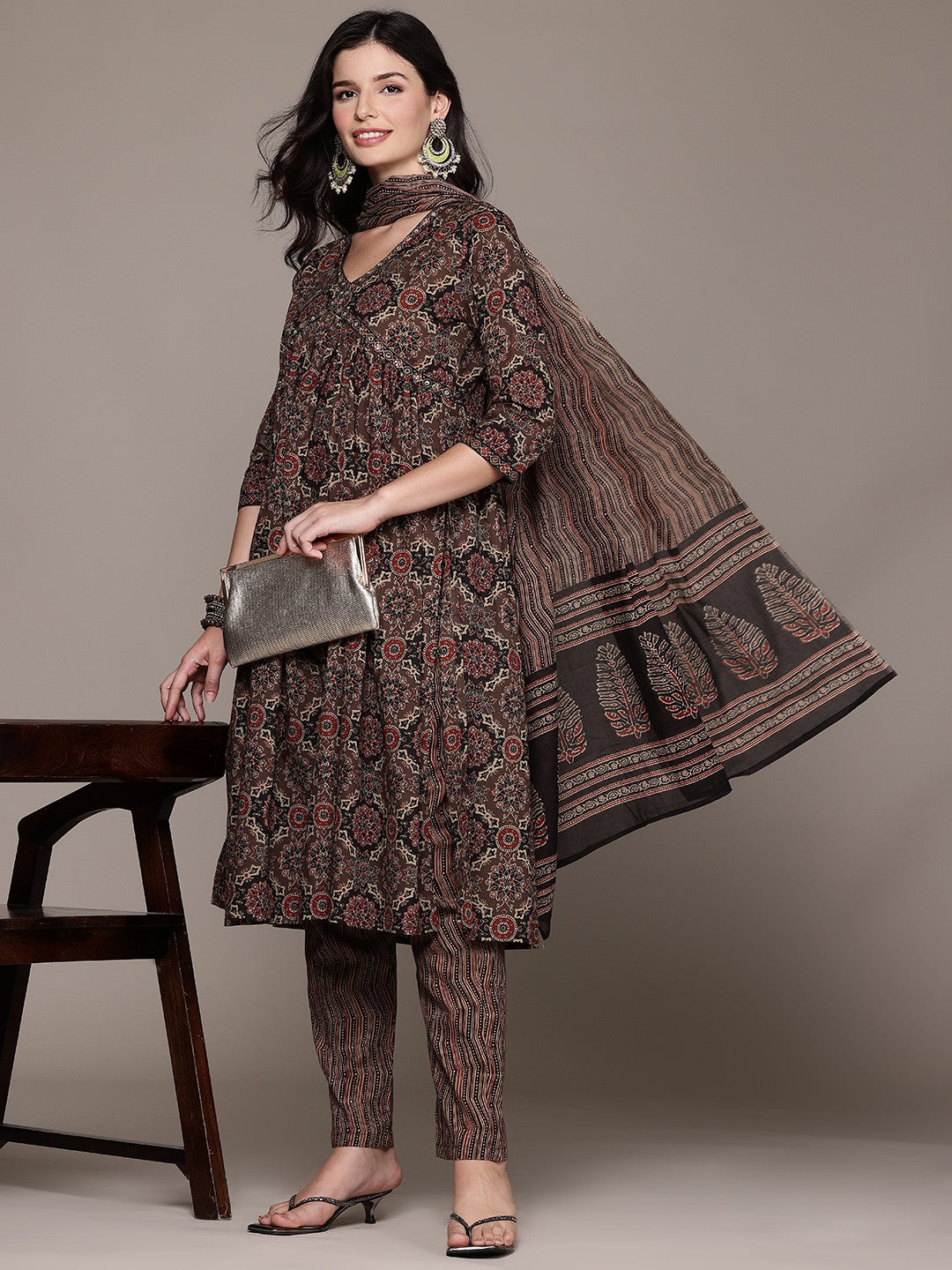Flared Style Cotton Fabric Brown Color Kurta And Bottom With Dupatta