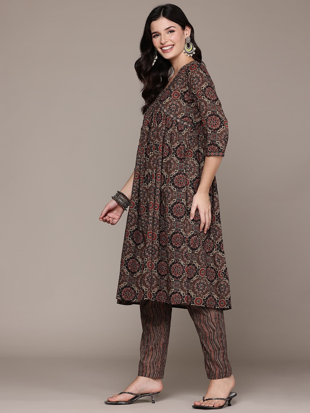 Flared Style Cotton Fabric Brown Color Kurta And Bottom With Dupatta