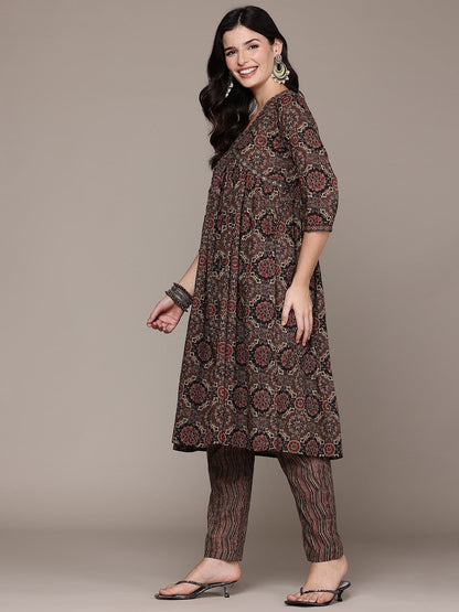 Flared Style Cotton Fabric Brown Color Kurta And Bottom With Dupatta