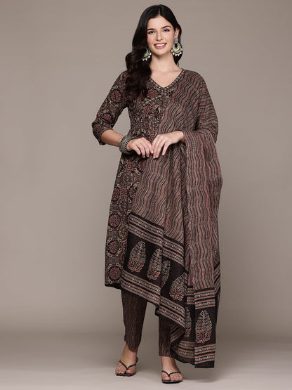 Flared Style Cotton Fabric Brown Color Kurta And Bottom With Dupatta