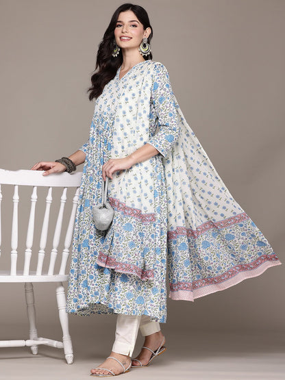 Frock Style Cotton Fabric Blue Color Kurta And Bottom With Dupatta