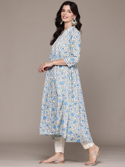 Frock Style Cotton Fabric Blue Color Kurta And Bottom With Dupatta