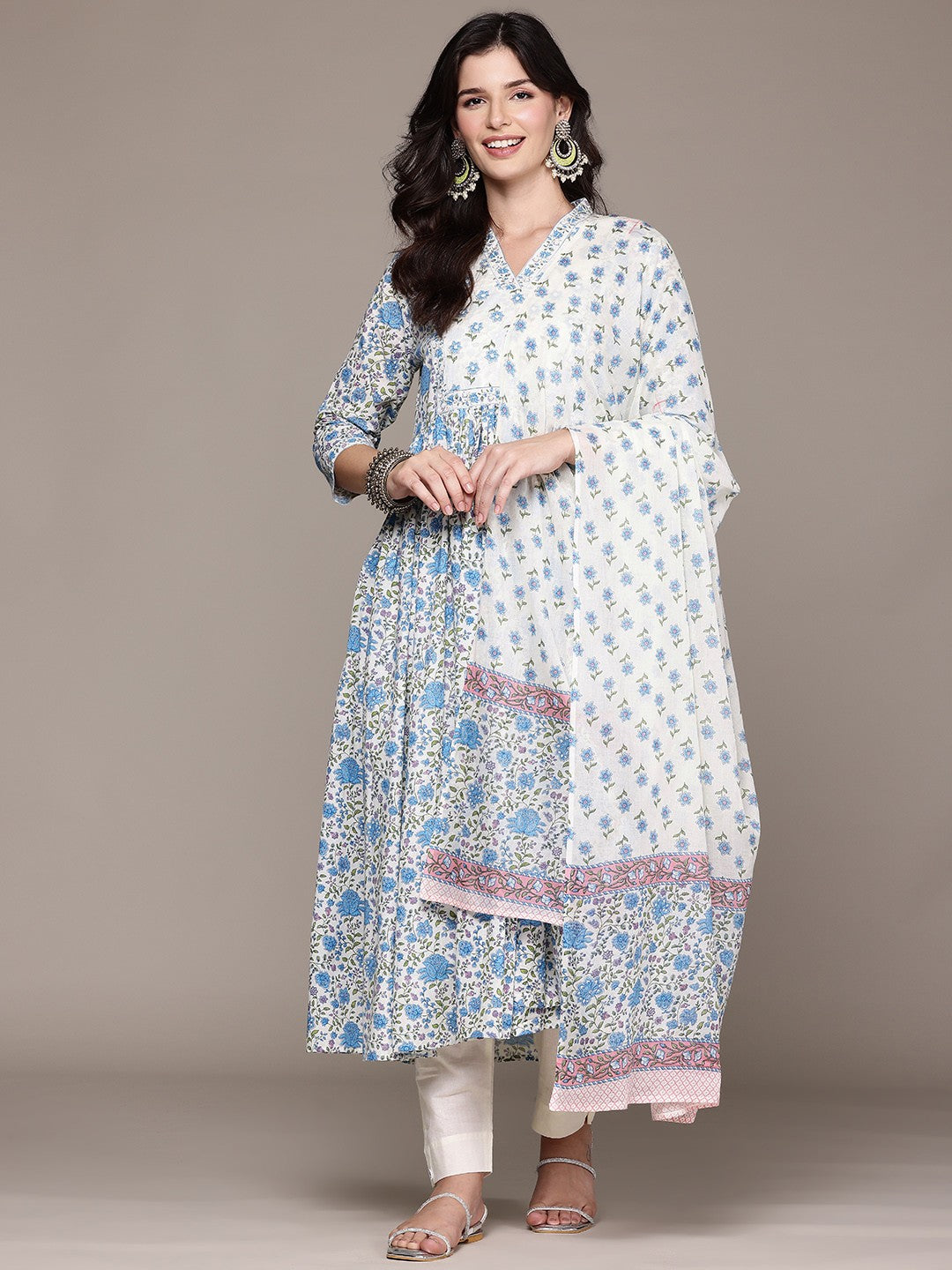 Frock Style Cotton Fabric Blue Color Kurta And Bottom With Dupatta