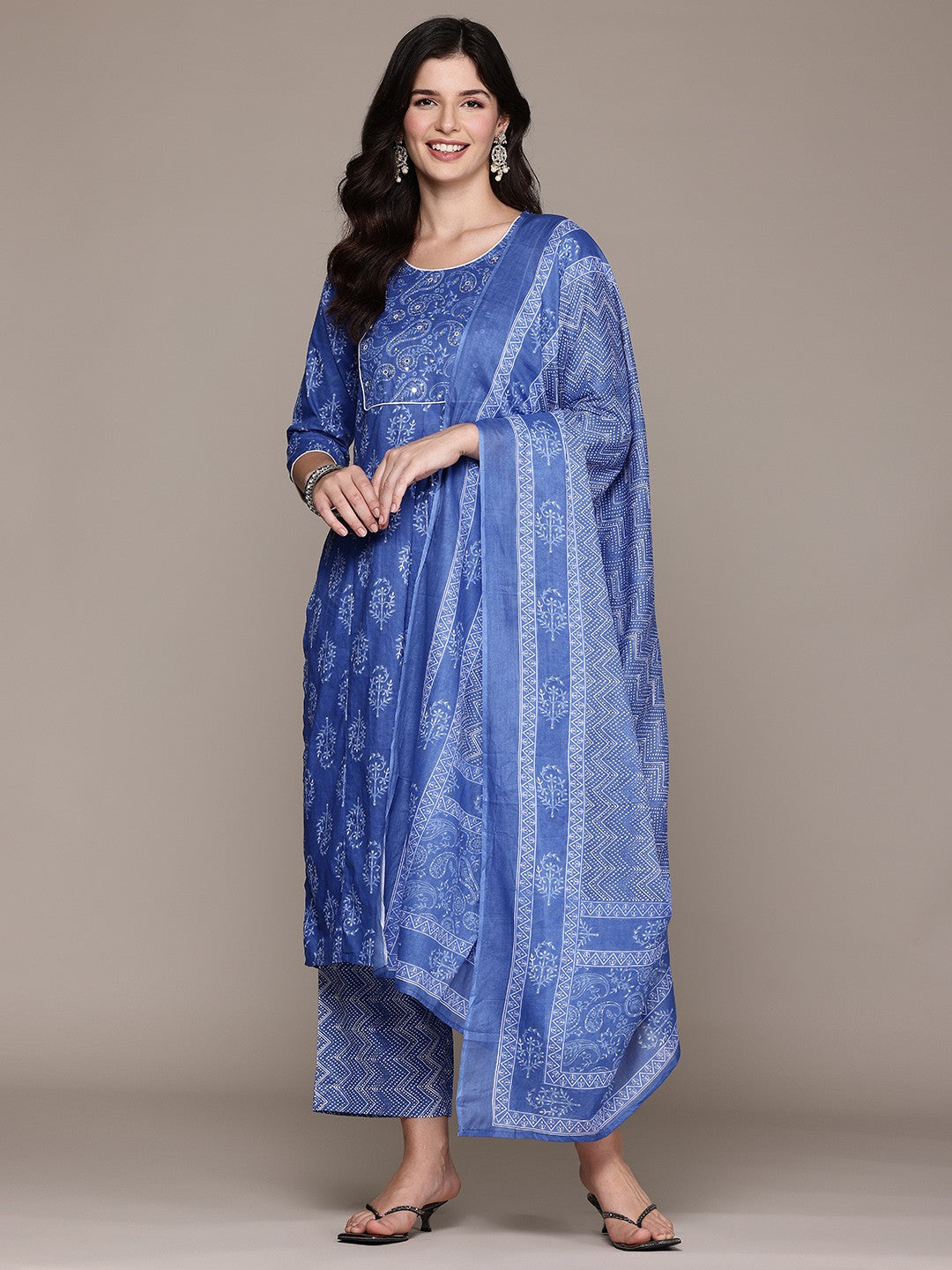 Straight Style Cotton Fabric Blue Color Kurta And Bottom With Dupatta