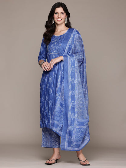 Straight Style Cotton Fabric Blue Color Kurta And Bottom With Dupatta