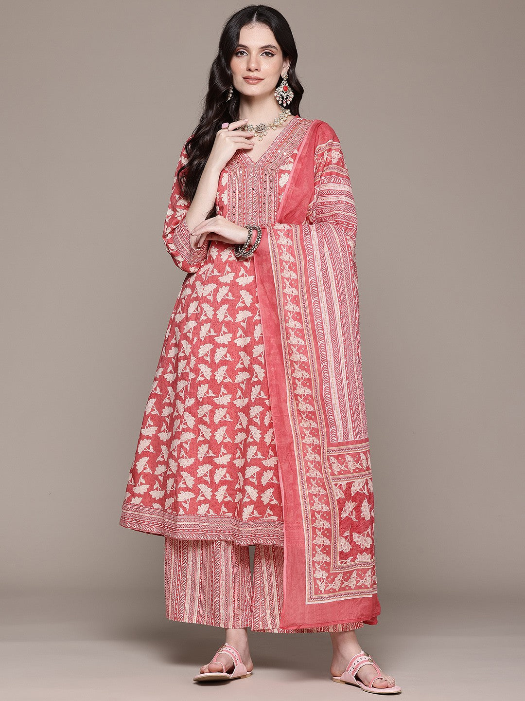 A Line Style Cotton Fabric Pink Color Kurta And Bottom With Dupatta