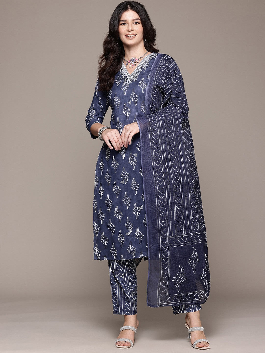 Straight Style Cotton Fabric Blue Color Kurta And Bottom With Dupatta
