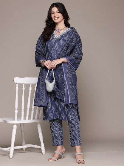 Straight Style Cotton Fabric Blue Color Kurta And Bottom With Dupatta