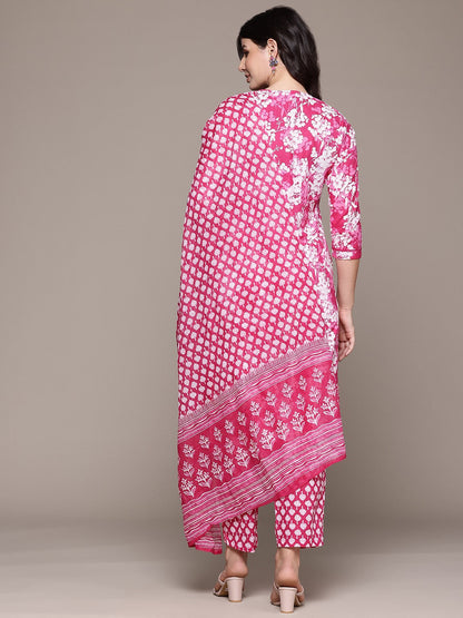 Straight Style Cotton Fabric Magenta Color Kurta And Bottom With Dupatta