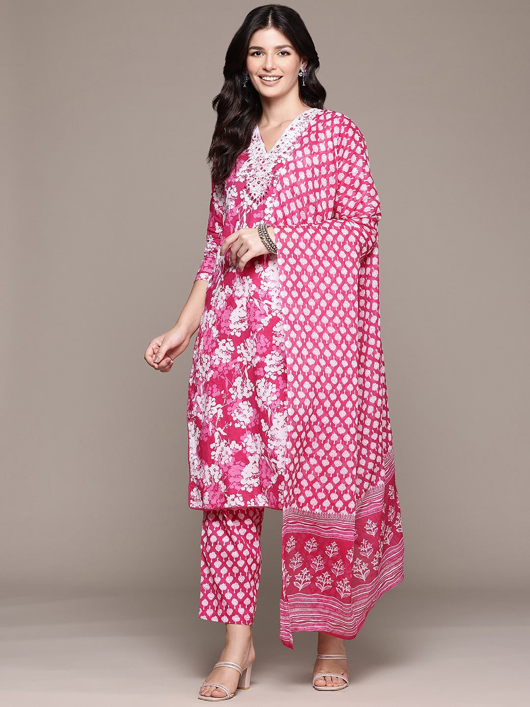 Straight Style Cotton Fabric Magenta Color Kurta And Bottom With Dupatta