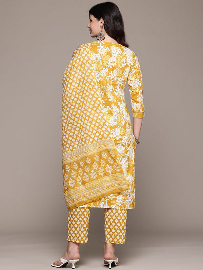 Straight Style Cotton Fabric Yellow Color Kurta And Bottom With Dupatta