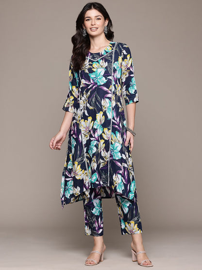 A Line Style Cotton Fabric Navy Blue Color Kurta And Bottom