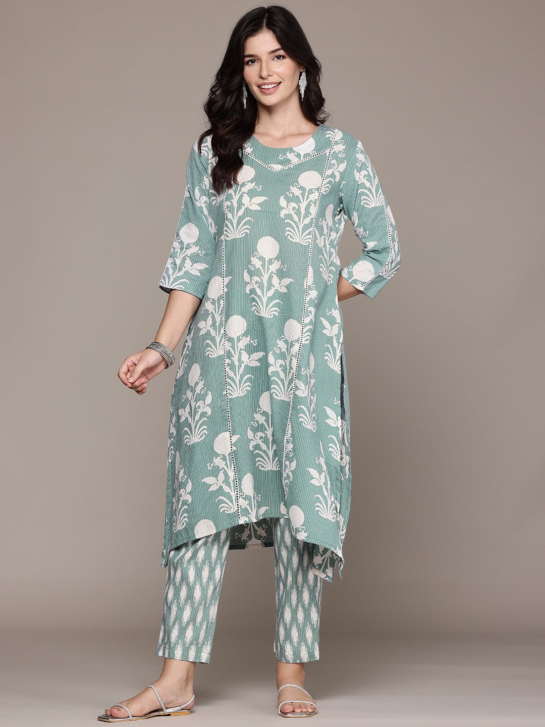A Line Style Cotton Fabric Sea Green Color Kurta And Bottom