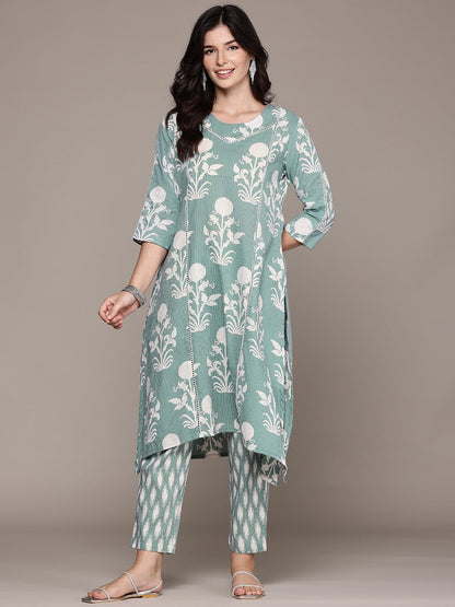 A Line Style Cotton Fabric Sea Green Color Kurta And Bottom