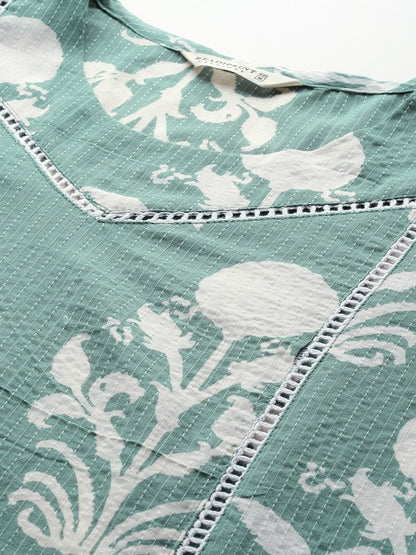 A Line Style Cotton Fabric Sea Green Color Kurta And Bottom