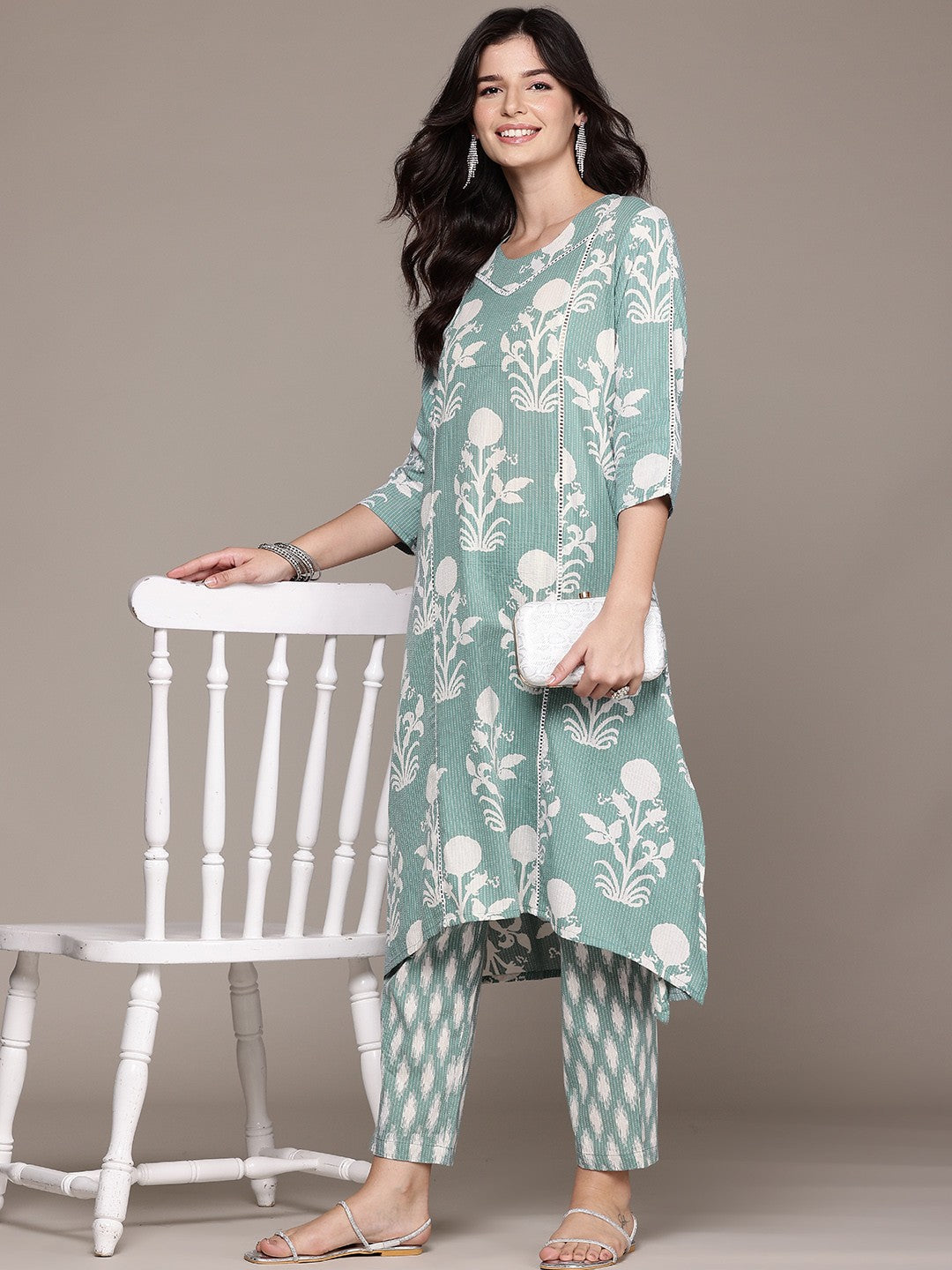A Line Style Cotton Fabric Sea Green Color Kurta And Bottom