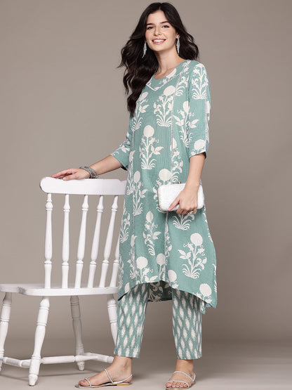 A Line Style Cotton Fabric Sea Green Color Kurta And Bottom