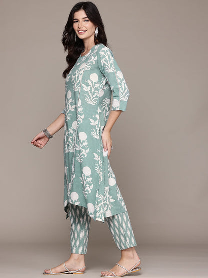 A Line Style Cotton Fabric Sea Green Color Kurta And Bottom