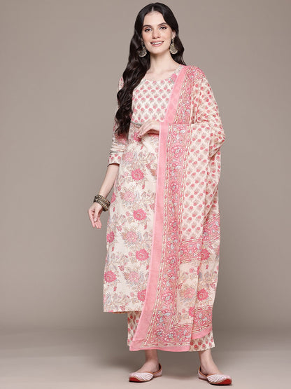 Straight Style Cotton Fabric Pink Color Kurta And Bottom With Dupatta