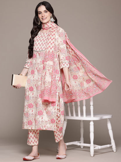 Straight Style Cotton Fabric Pink Color Kurta And Bottom With Dupatta