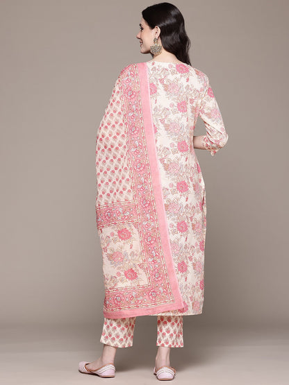 Straight Style Cotton Fabric Pink Color Kurta And Bottom With Dupatta
