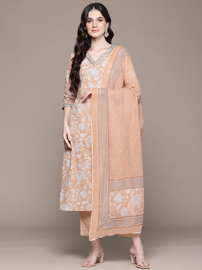 Straight Style Cotton Fabric Brown Color Kurta And Bottom With Dupatta