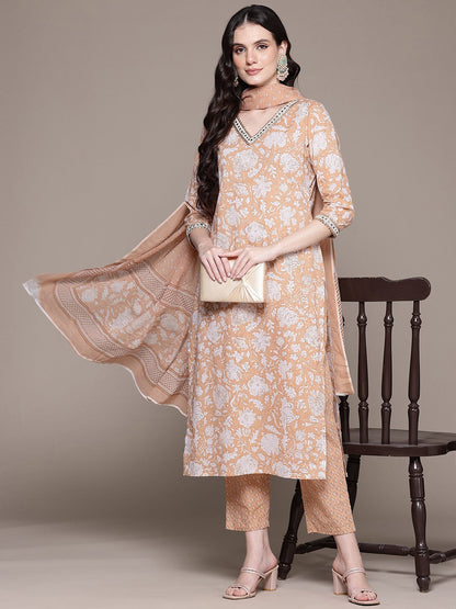 Straight Style Cotton Fabric Brown Color Kurta And Bottom With Dupatta