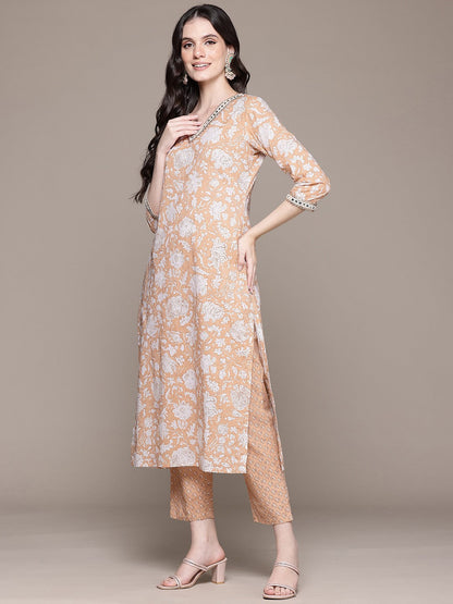 Straight Style Cotton Fabric Brown Color Kurta And Bottom With Dupatta