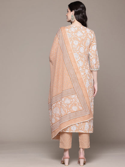 Straight Style Cotton Fabric Brown Color Kurta And Bottom With Dupatta