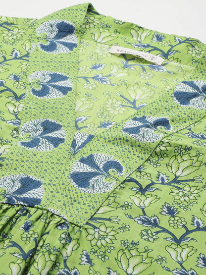 A Line Style Cotton Fabric Lime Green Color Kurta And Bottom With Dupatta