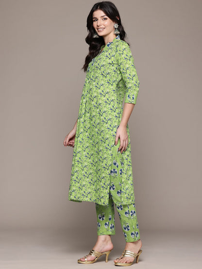 A Line Style Cotton Fabric Lime Green Color Kurta And Bottom With Dupatta