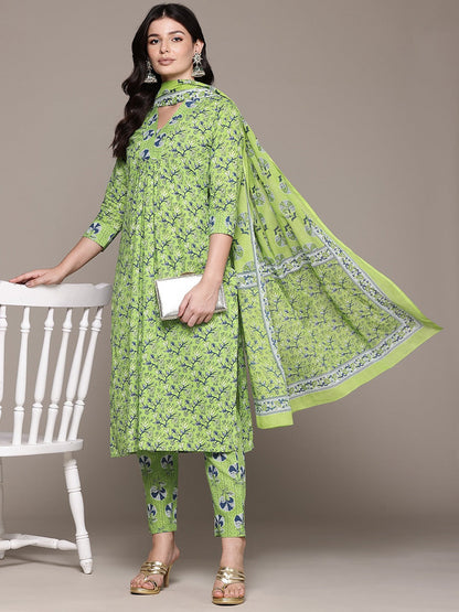 A Line Style Cotton Fabric Lime Green Color Kurta And Bottom With Dupatta