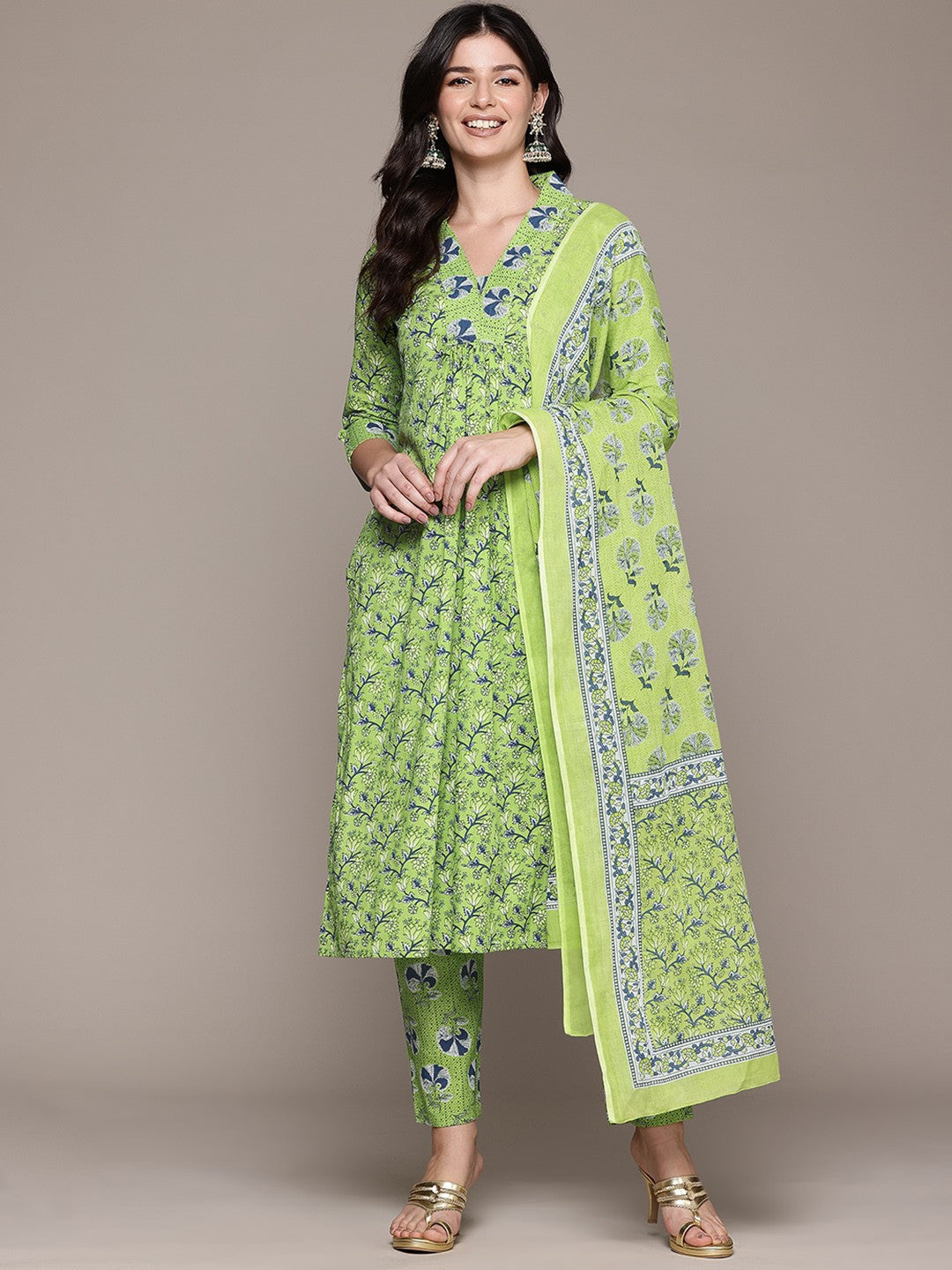 A Line Style Cotton Fabric Lime Green Color Kurta And Bottom With Dupatta