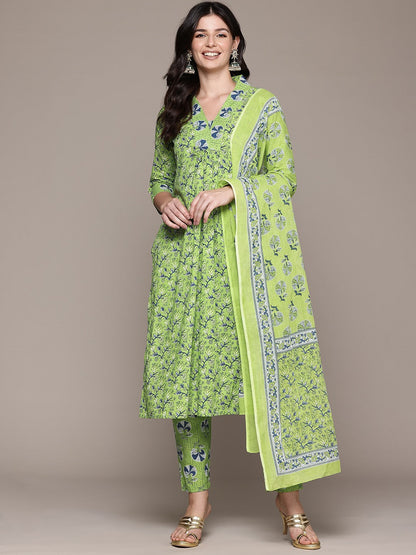 A Line Style Cotton Fabric Lime Green Color Kurta And Bottom With Dupatta