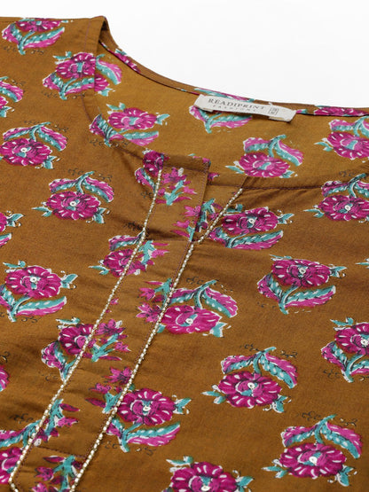 Straight Style Cotton Fabric Olive Color Kurta And Bottom With Dupatta